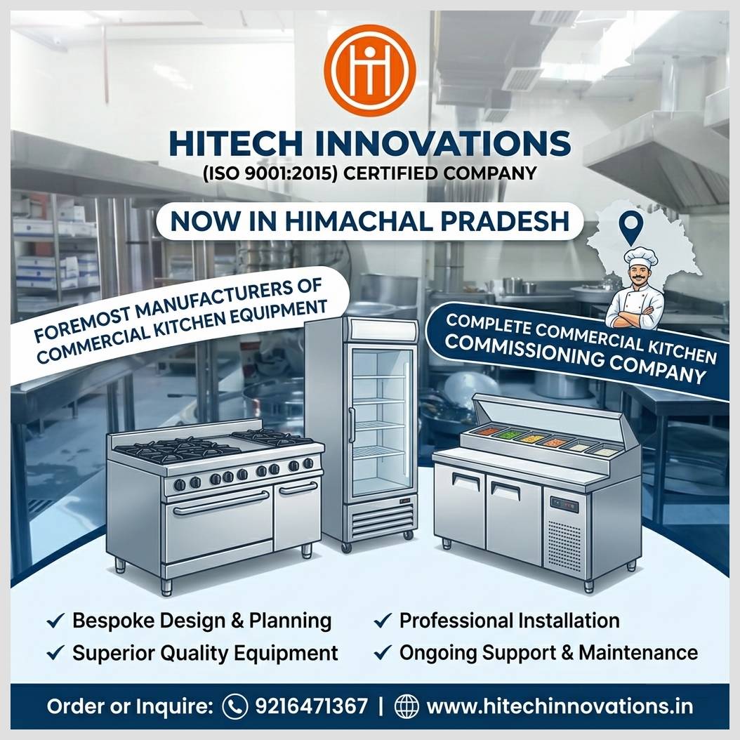 Hitech Innovations ISO 9001:2015 certified commercial kitchen equipment manufacturer and commissioning company, now serving Himachal Pradesh. Featuring a commercial cooking range, vertical display cooler, and sandwich prep counter. Full services include bespoke design, installation, and support. Call 9216471367.