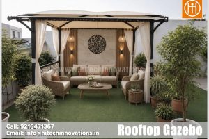 Hitech Innovations ISO 9001:2015 manufactured rooftop gazebo installed in Panchkula, Haryana, featuring artificial turf, potted plants, and modern outdoor seating furniture.