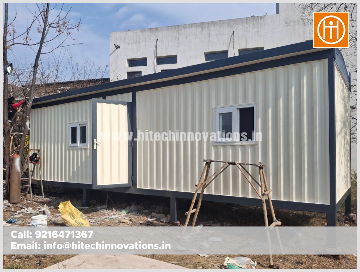 Front view of a portable site office and container home manufactured by Hitech Innovations for Himachal Pradesh terrain.