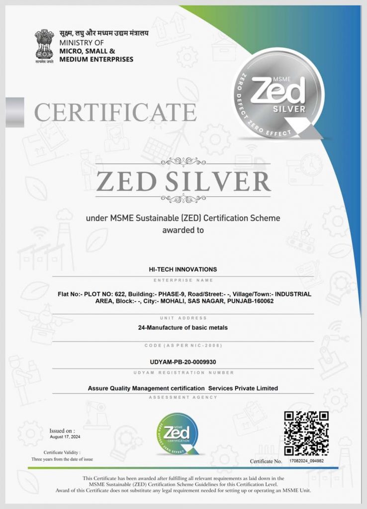 ZED SILVER Certificate awarded to HI-TECH INNOVATIONS by the Ministry of Micro, Small & Medium Enterprises for the MSME Sustainable (ZED) Certification Scheme, issued August 17, 2024.