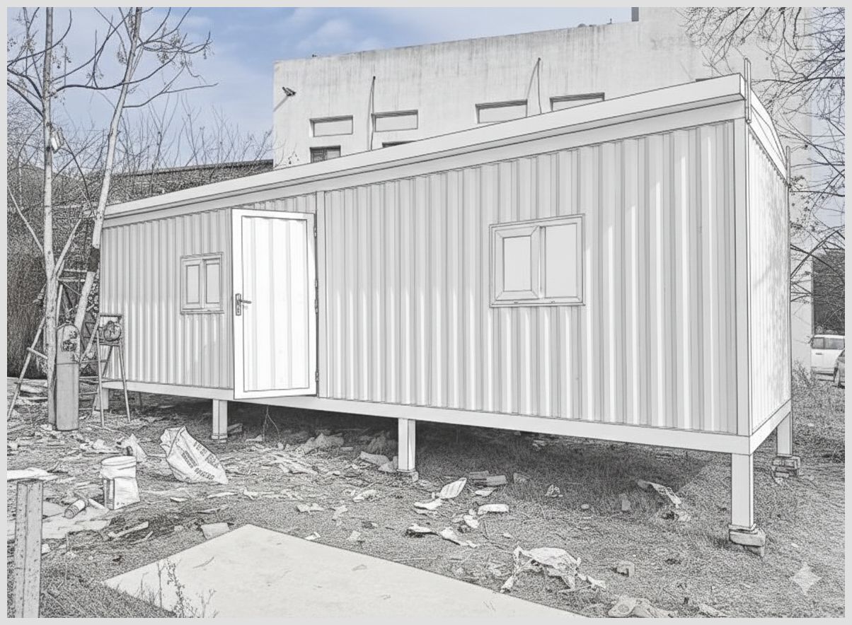 A line-drawing style illustration of a white corrugated metal shipping container modified into a portable office or living space. The container is elevated on stilts, featuring an open door, two small windows, and a sloped roof, set against a background of a building and bare trees.