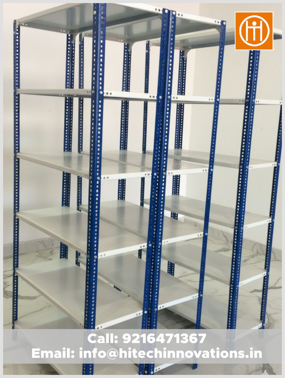A row of three connected industrial steel storage racks with 6 adjustable levels, manufactured by Hitech Innovations for warehouse organization.