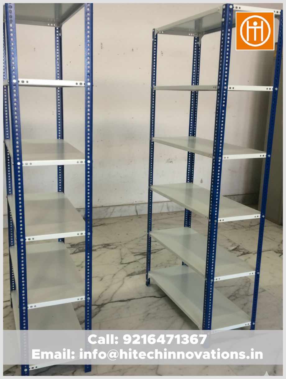 Two standalone 5-tier blue and white slotted angle racks by Hitech Innovations, showing the modular bolt-and-nut assembly design.