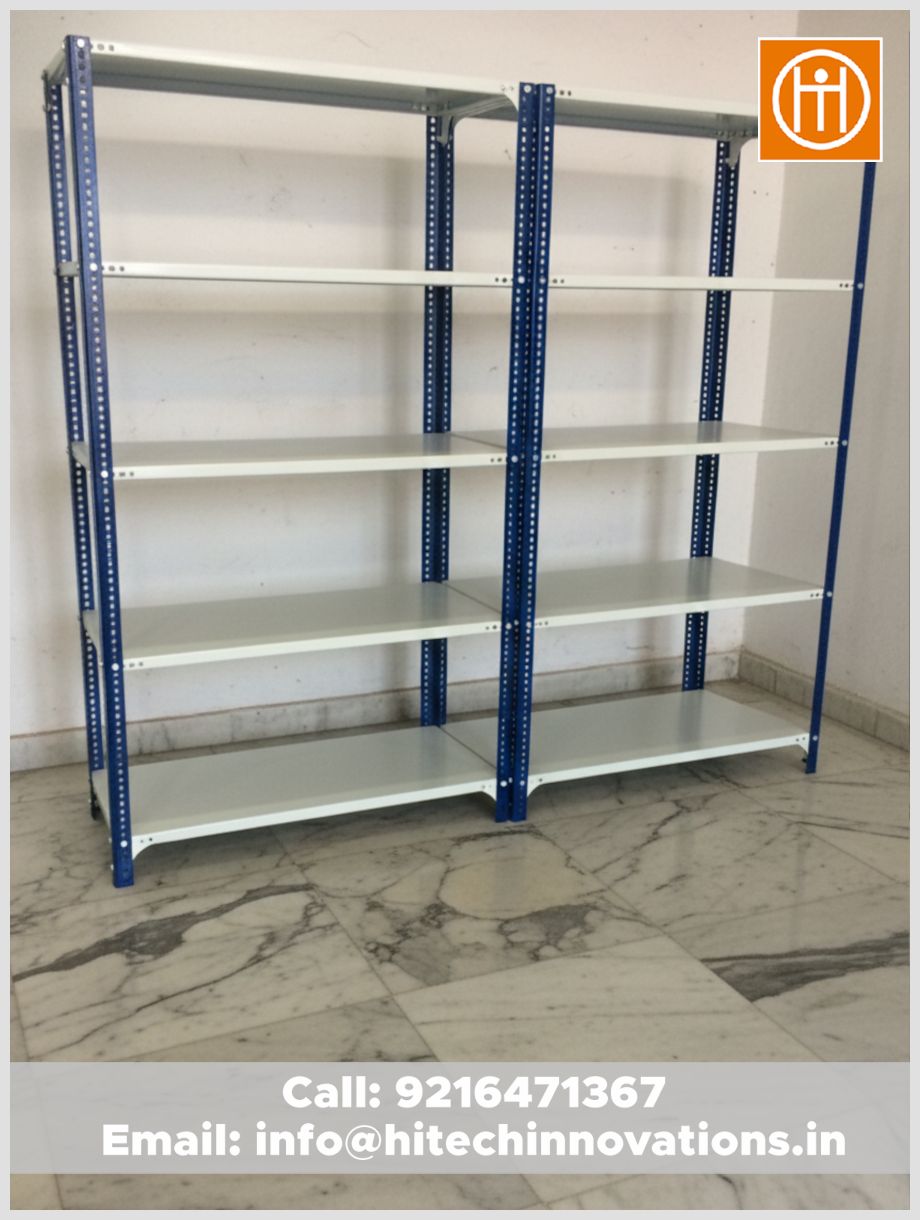 Double bay industrial racking system by Hitech Innovations with white shelving and blue vertical supports, ideal for office or workshop storage.