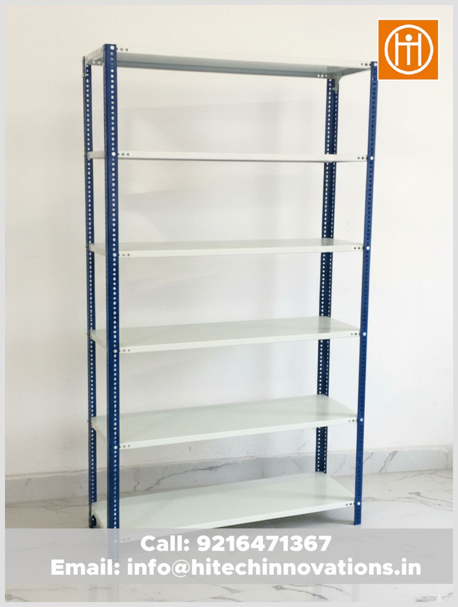 Single 6-tier heavy-duty slotted angle storage rack by Hitech Innovations, featuring blue powder-coated uprights and white steel shelves.