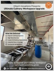 Hitech Innovations commercial kitchen setup in Manali featuring exhaust systems, burners, and SS tables with contact details.