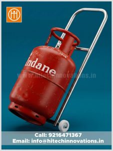 Stainless steel LPG gas cylinder trolley by Hitech Innovations on a blue background showing premium chrome finish.