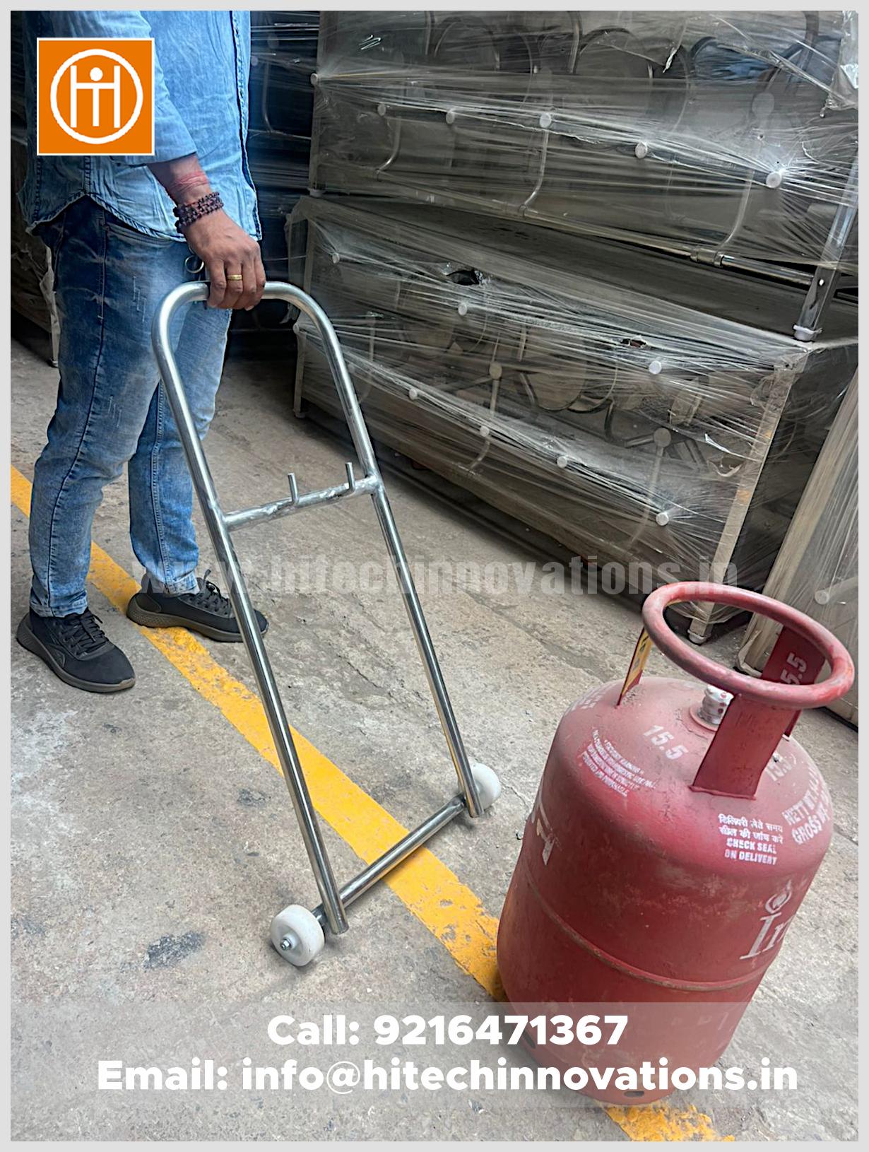 Hitech Innovations stainless steel gas cylinder trolley frame showing the innovative hook design for easy lifting.