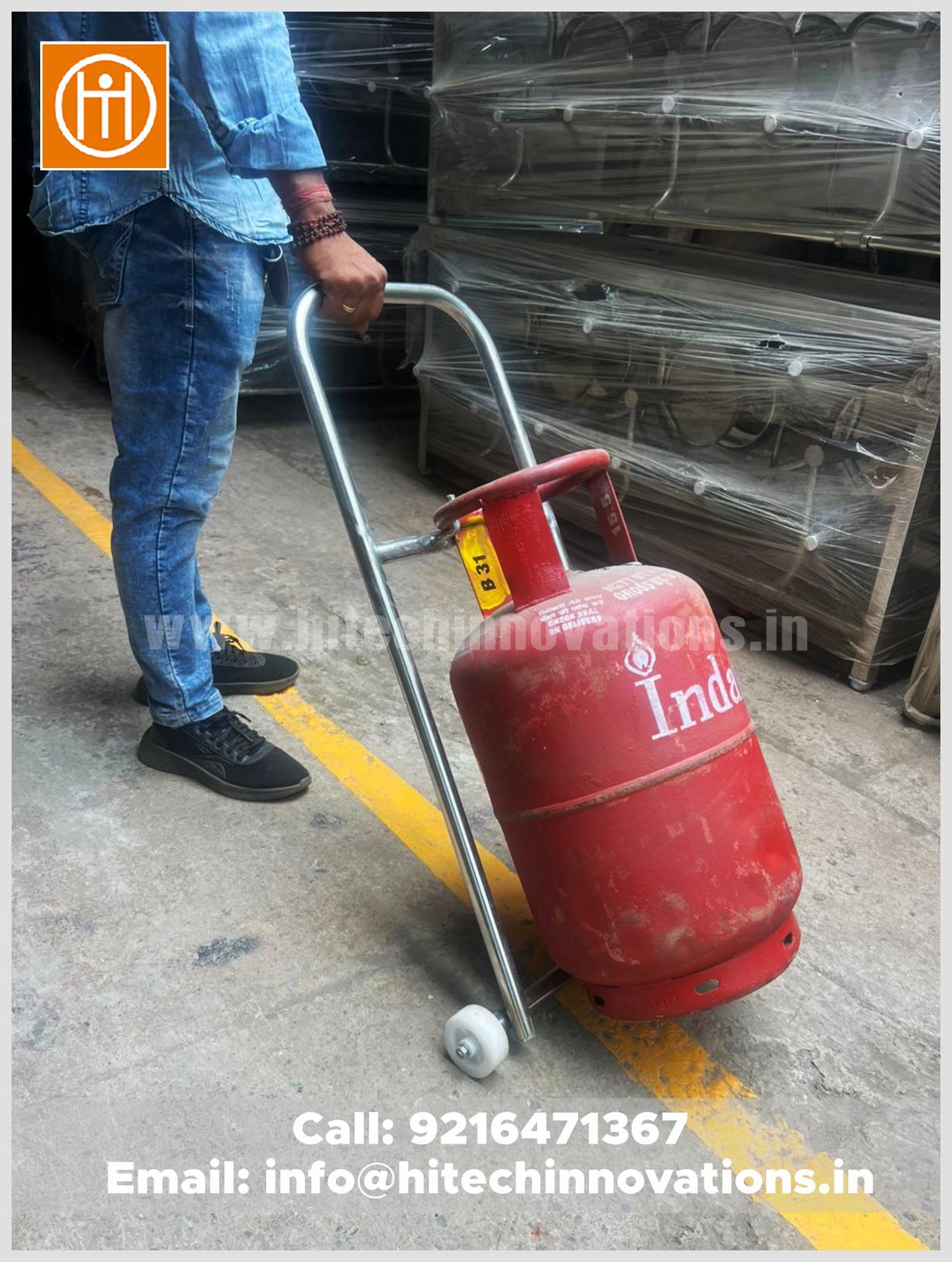 Ergonomic LPG gas cylinder trolley with handle and wheels helping reduce back pain for home and commercial use
