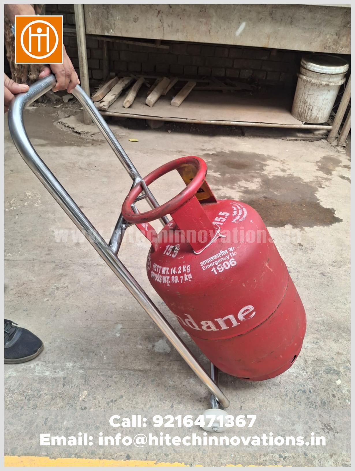 Close-up of the stainless steel LPG trolley wheel and lever system designed for elders and kids to manage gas cylinders