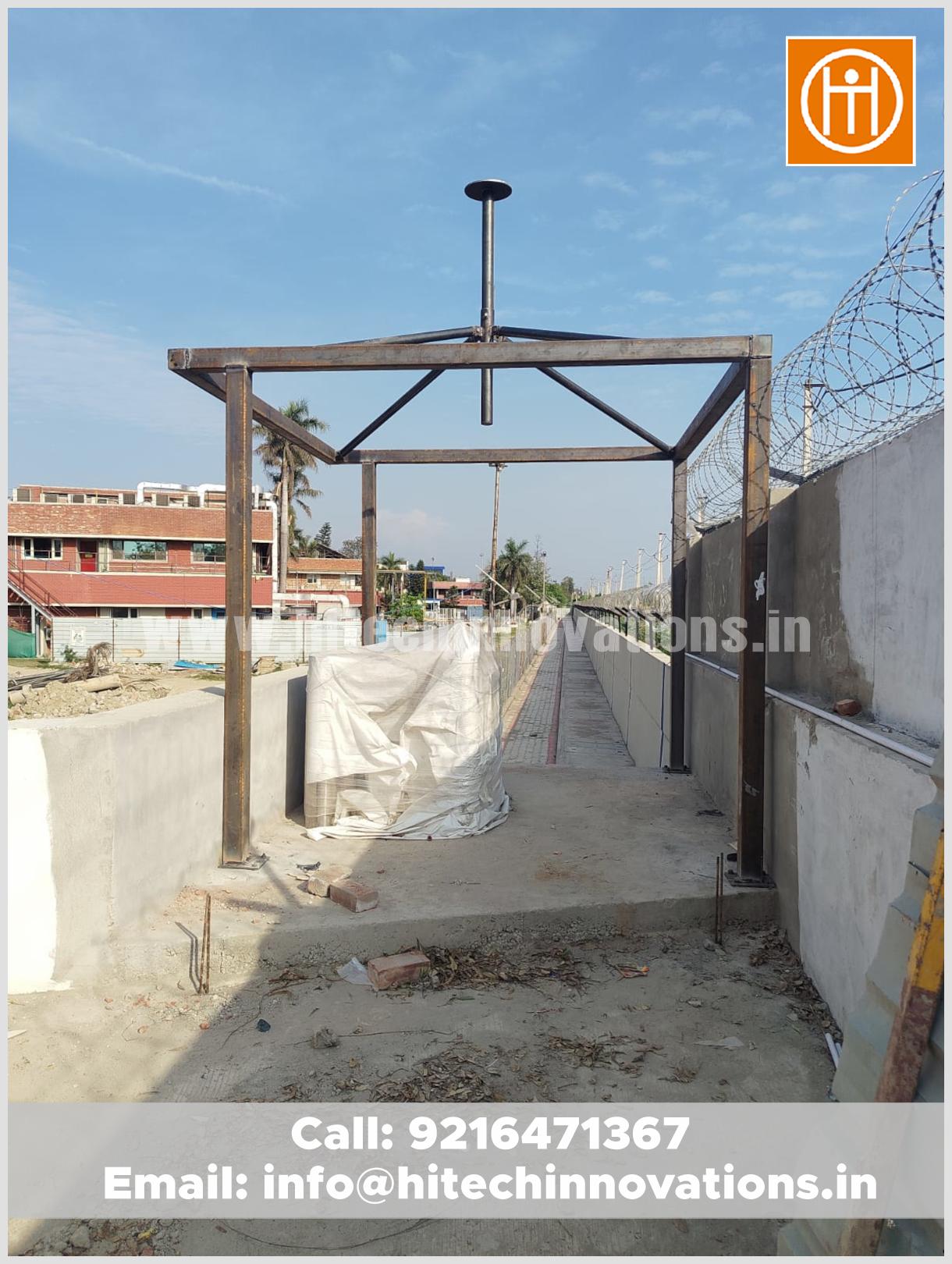 Raw steel framework of a security gazebo under construction by Hitech Innovations.