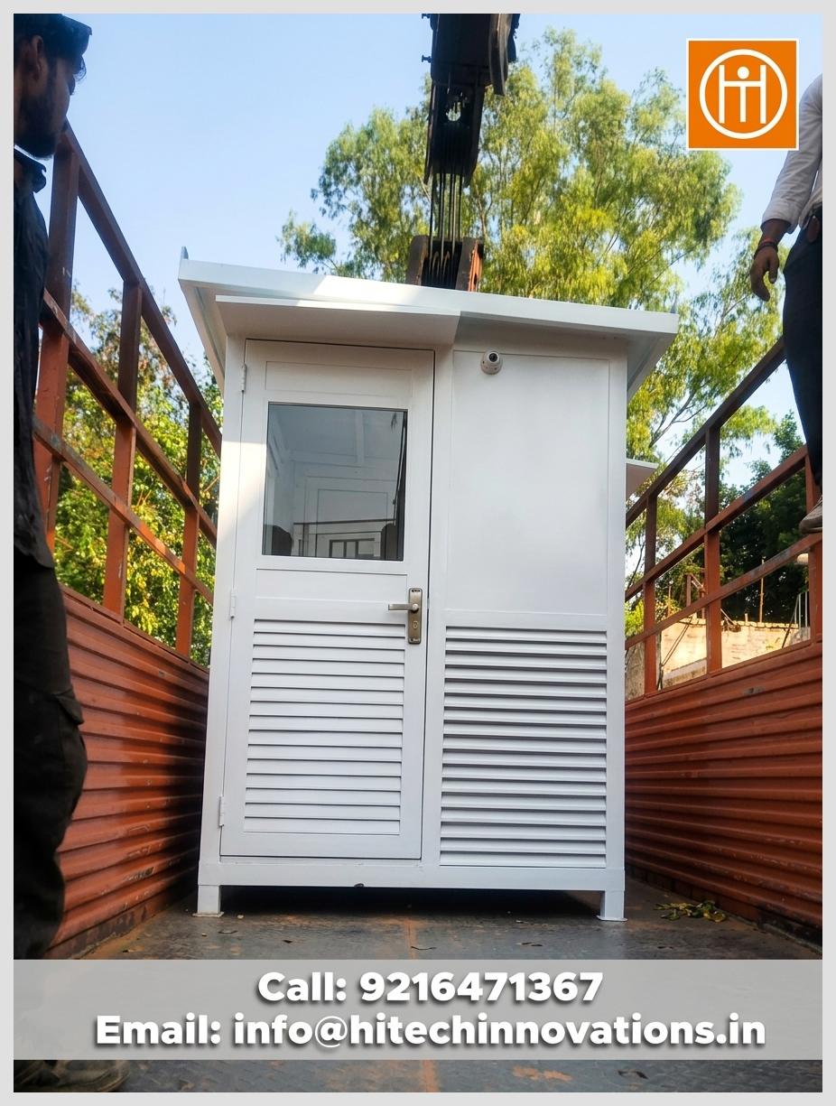 White prefabricated bullet-proof security guard cabin with ballistic glass and CCTV camera being transported on a truck bed by Hitech Innovations Mohali.