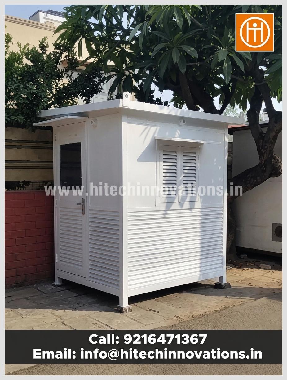 ISO 9001:2015 certified bullet-proof guard cabin featuring security louvers and tested ballistic windows, manufactured by Hitech Innovations.