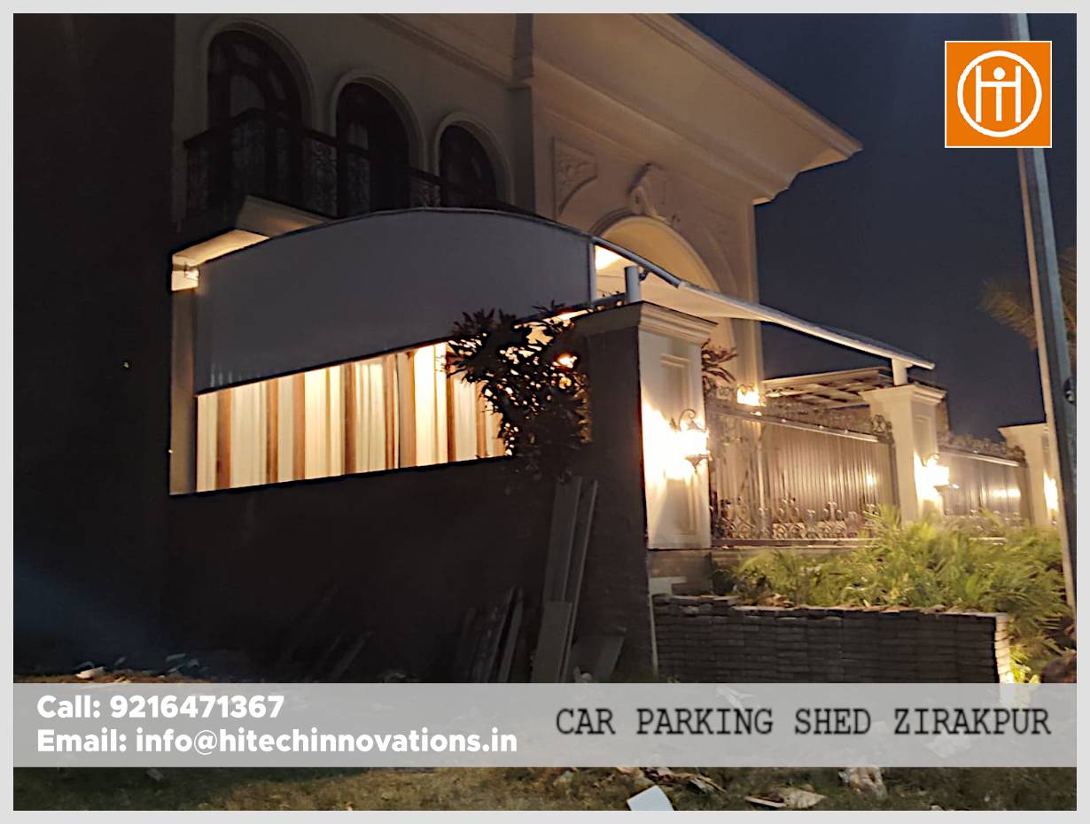 Side profile of residential tensile car parking shed fabrication in Zirakpur