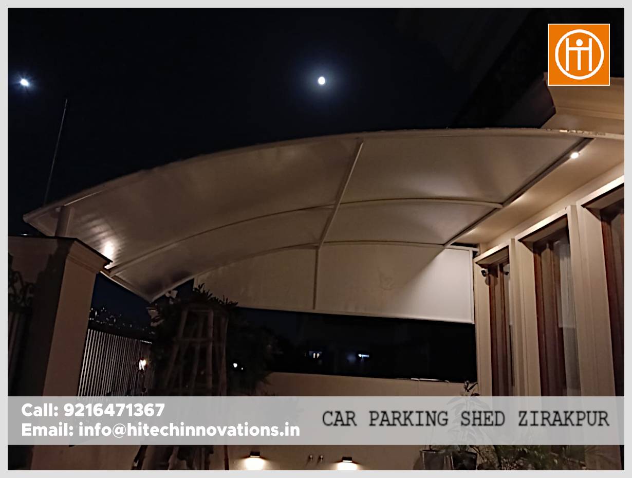 Wide angle shot of car parking shed in Zirakpur showing architectural integration