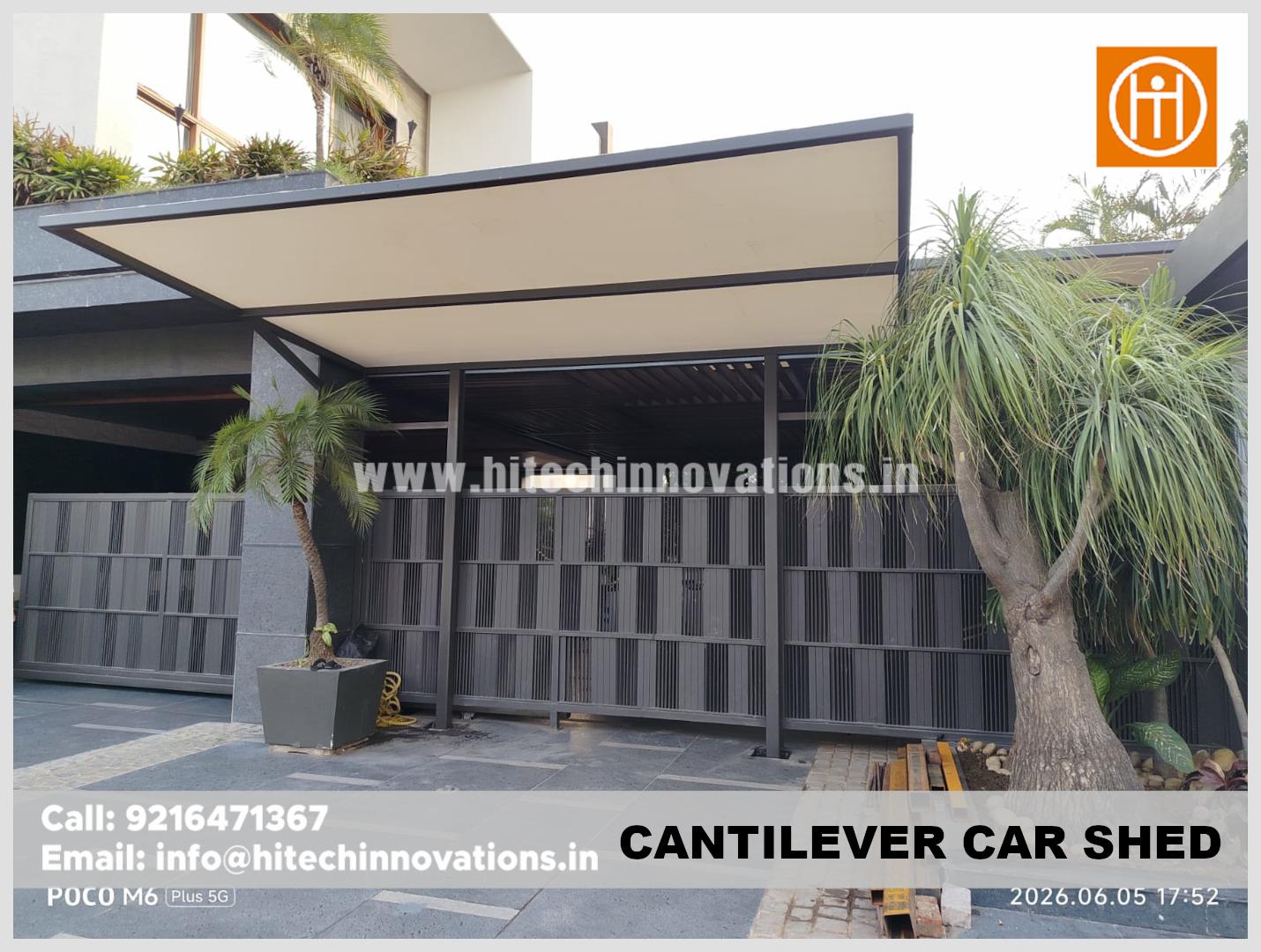 Side view of a structural steel cantilever car shed, showcasing the clean lines and space-saving design by Hitech Innovations.