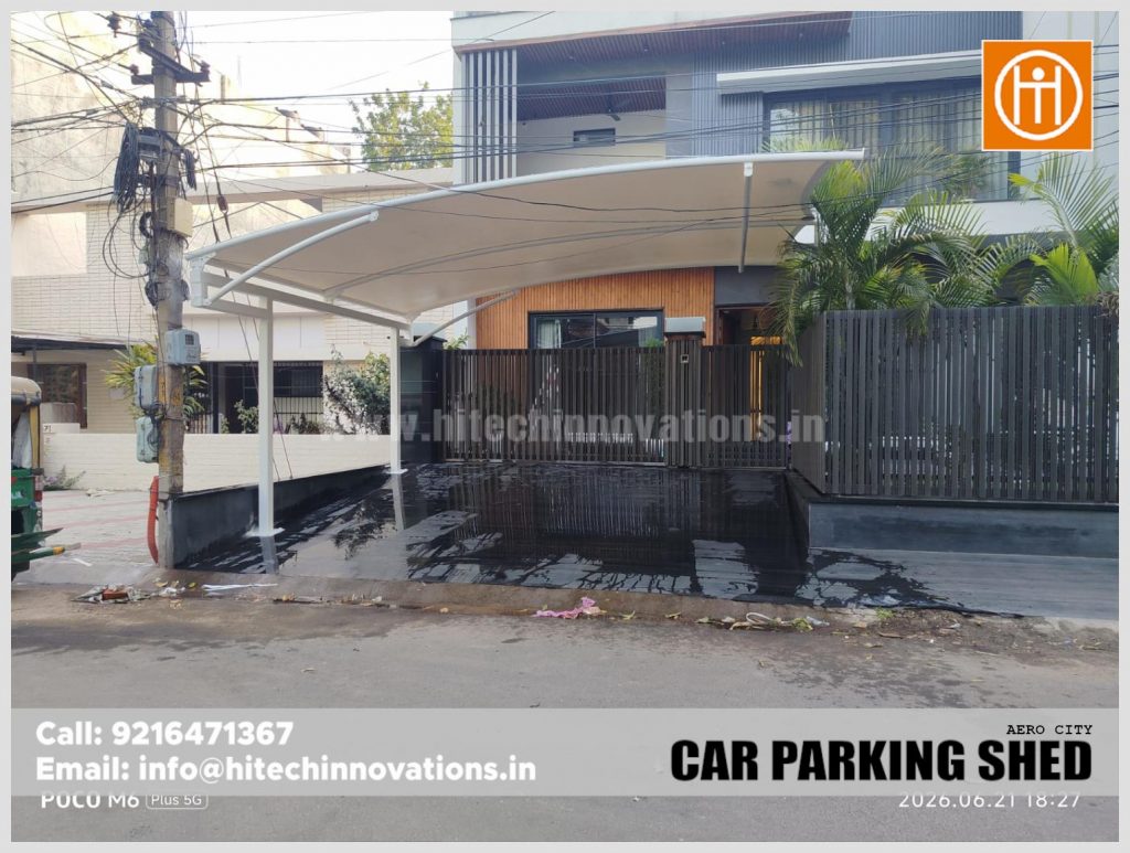 Front view of the modern tensile car parking structure installed by Hitech Innovations in AERO City.
