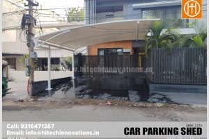 Front view of the modern tensile car parking structure installed by Hitech Innovations in AERO City.