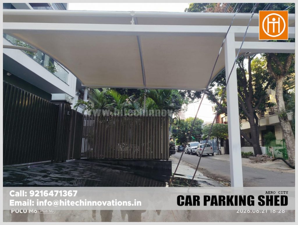 Detailed close-up of the tensile car parking structure frame and canopy installed for a client.
