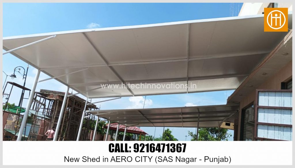 Close-up view of the robust metal framework and roofing panels of the new shed in Aero City, SAS Nagar, Punjab by Hitech Innovations