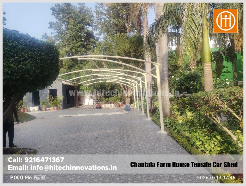 Side view of the tensile structure installation at the Chautala farmhouse project.