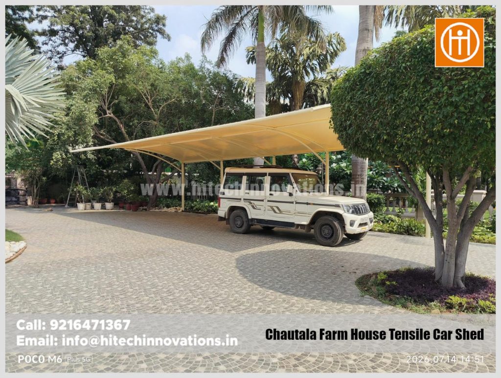 Completed tensile parking structure installed by Hitech Innovations at a Chautala farmhouse.