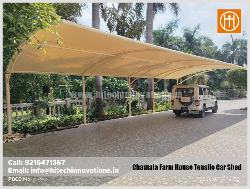Final installation of the Hitech Innovations tensile car parking shed at Chautala Farm House.