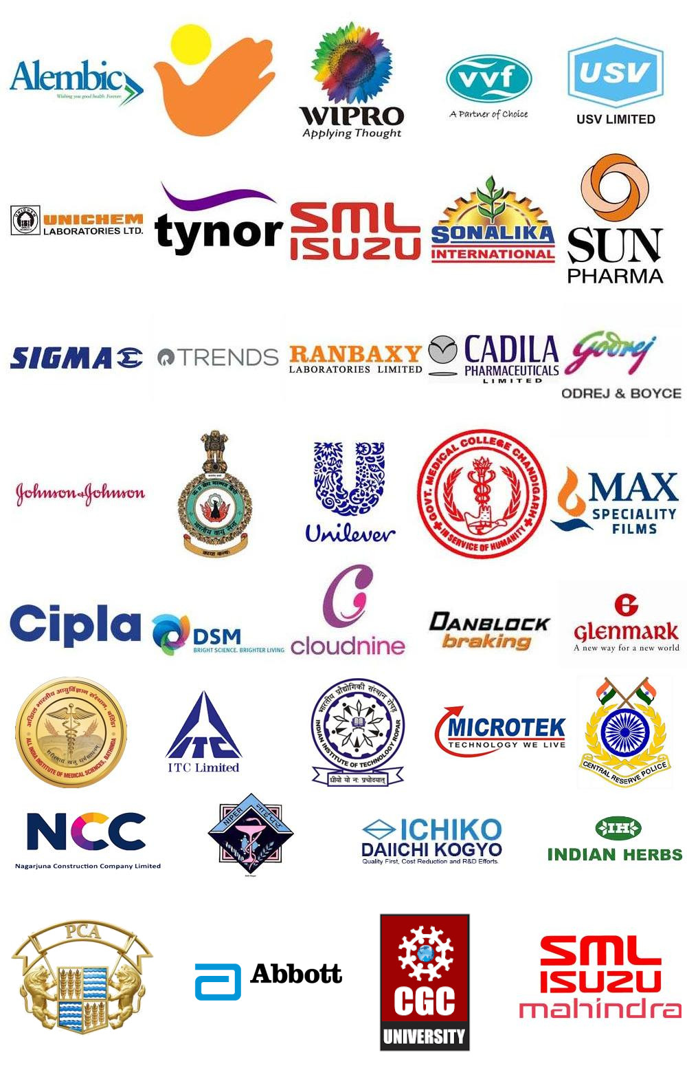 Logo cloud of Hitech Innovations' esteemed clients including CGC, PCA Stadium, Mahindra, Abbot Wipro, Unilever, Johnson & Johnson, ITC, Cipla, Sun Pharma, and government organizations like CRPF and IIT Ropar.