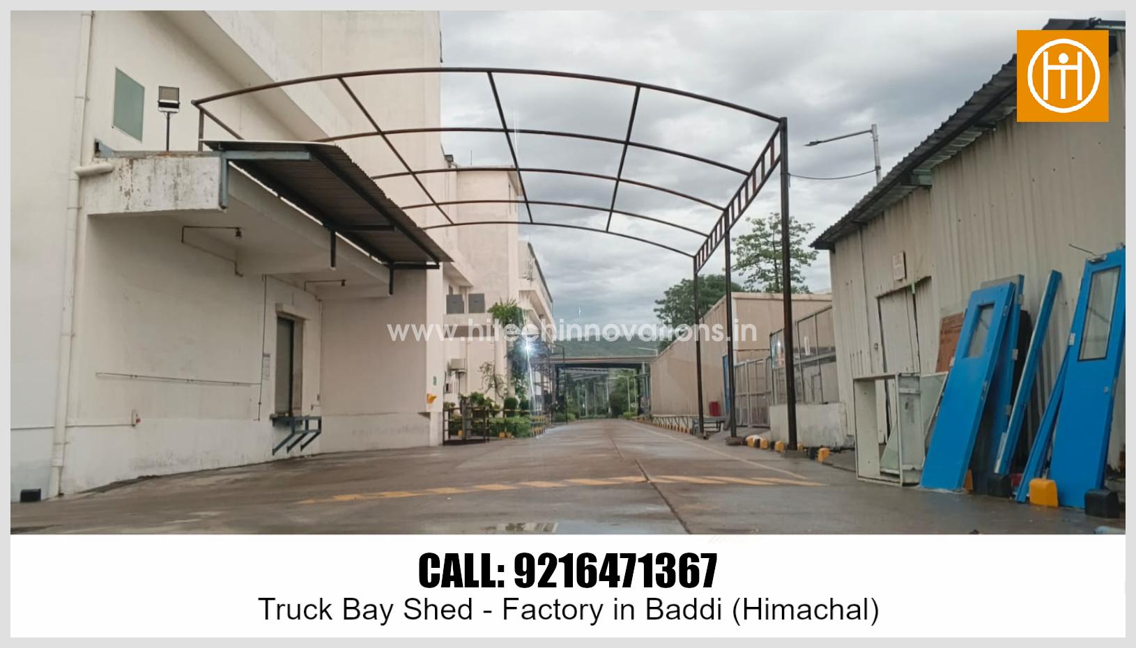 Overview of the structural steel framework for the factory truck bay shed in Baddi, Himachal Pradesh