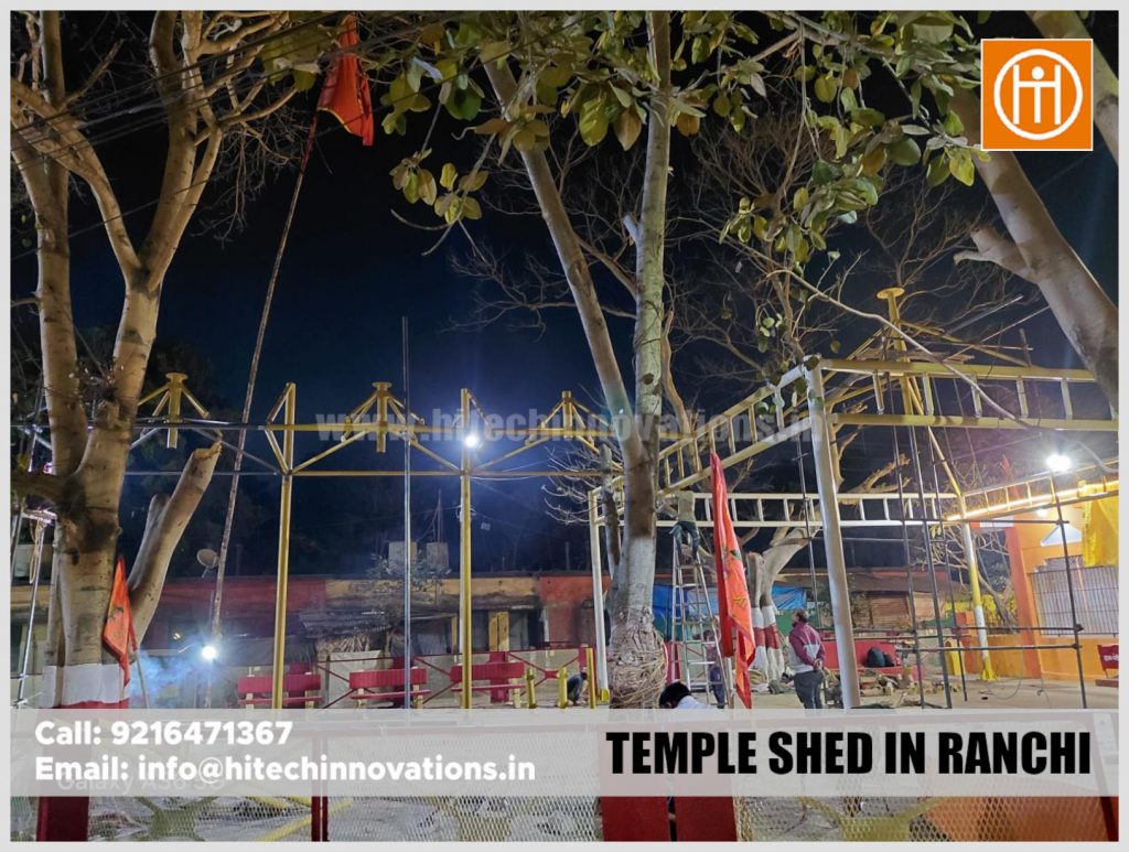 Metal framework of a temple shed under construction in Ranchi by Hitech Innovations.