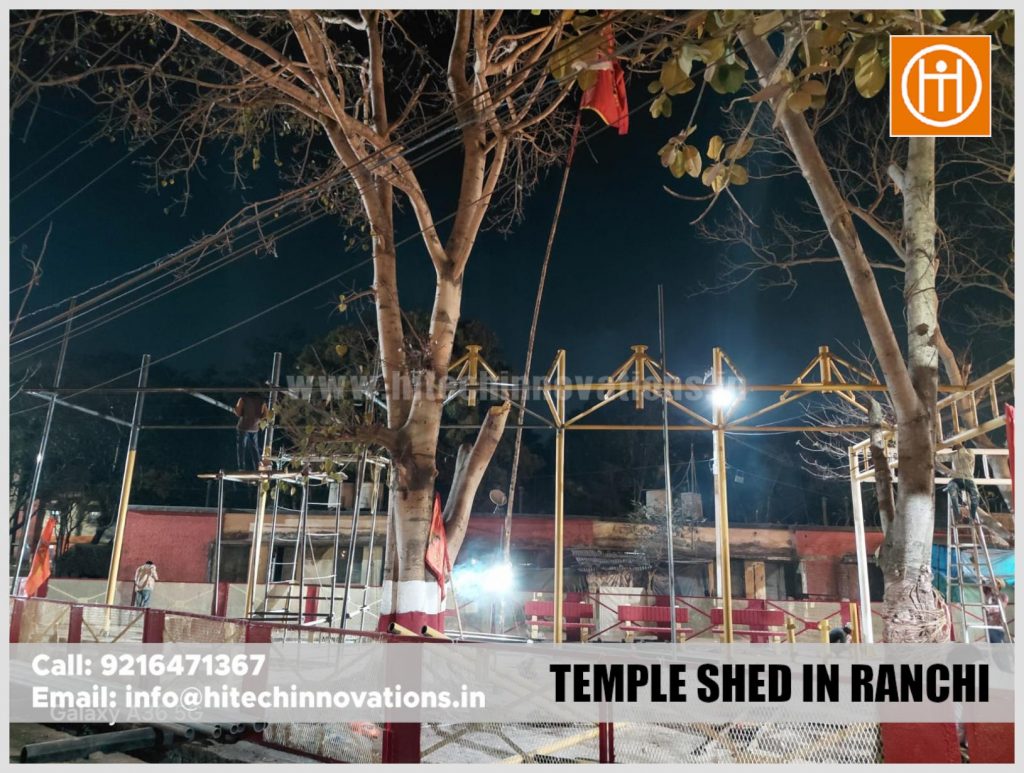 Night view of the steel structure being built for a temple shed in Ranchi.