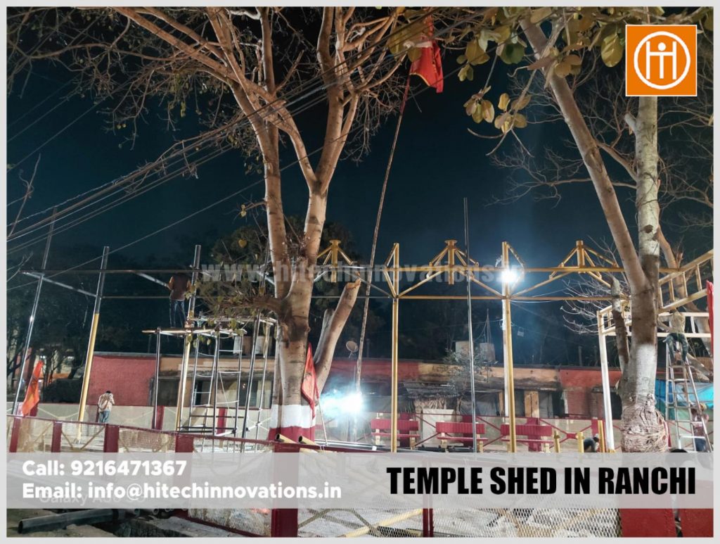 The Hitech Innovations team working on a new temple shed site in Ranchi at night.