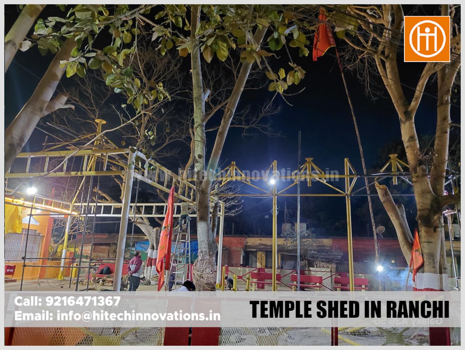 Close up of the sturdy steel frame construction for a public temple shed in Ranchi.