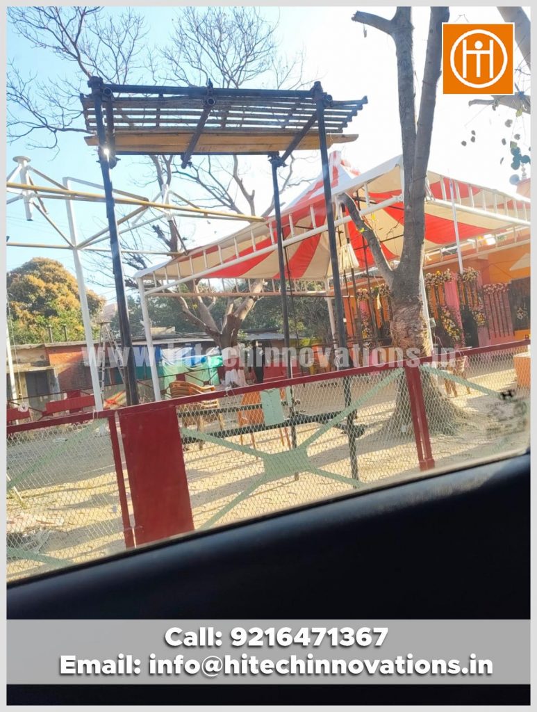 Completed structural steel assembly for the Ranchi temple shed project and Fixing PVC Cloth.