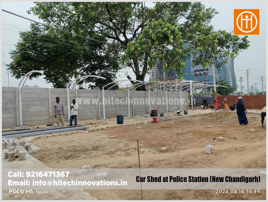 Foundation preparation and initial layout for the tensile vehicle parking shed at Mullanpur New Police Post, New Chandigarh.