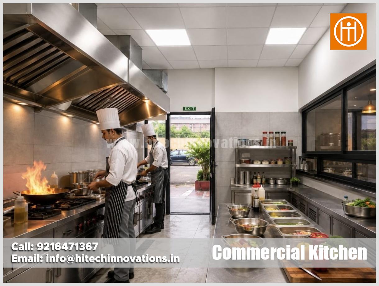 Chefs cooking in a turnkey commercial kitchen setup manufactured in Mohali by Hitech Innovations in Kasol, Himachal Pradesh featuring stainless steel burners and exhaust ducting.
