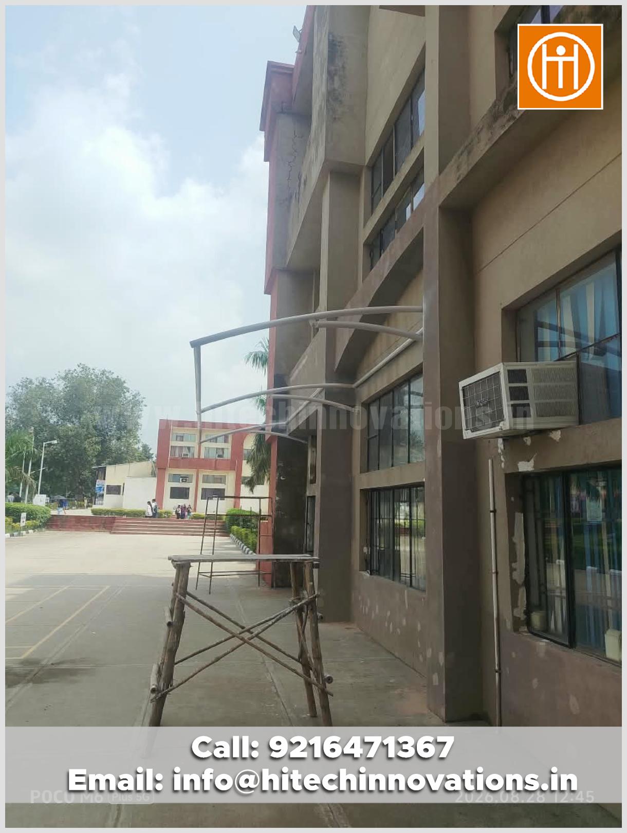Structural steel support framework for wide span tensile window shade during installation phase