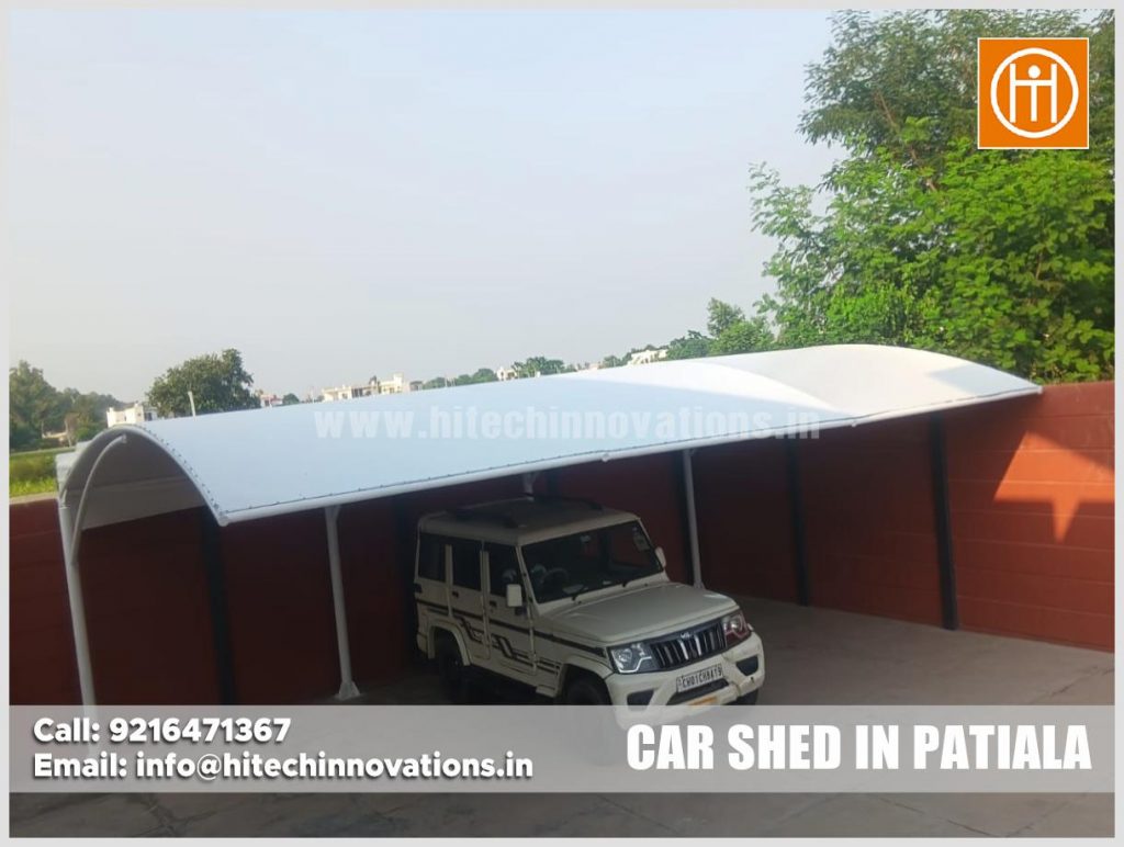 Front view of modern tensile car parking shed structure in Patiala