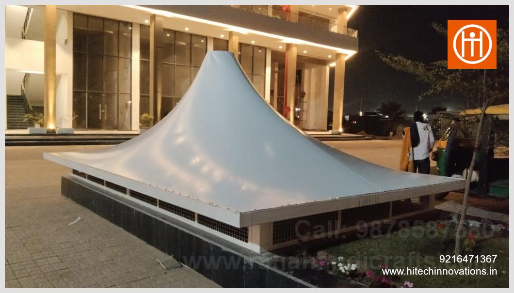 Conical tensile membrane basement ventilation shaft canopy fabricated by Hitech Innovations on Aerocity Road Zirakpur Bir Chhat featuring white architectural fabric and perimeter wire mesh grilles