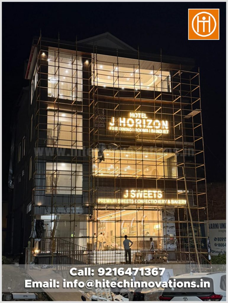 Exterior night view of Hotel J Horizon Fine Dining, Rooms, Banquet and J Sweets building in McLeodganj Kangra installed by Hitech Innovations
